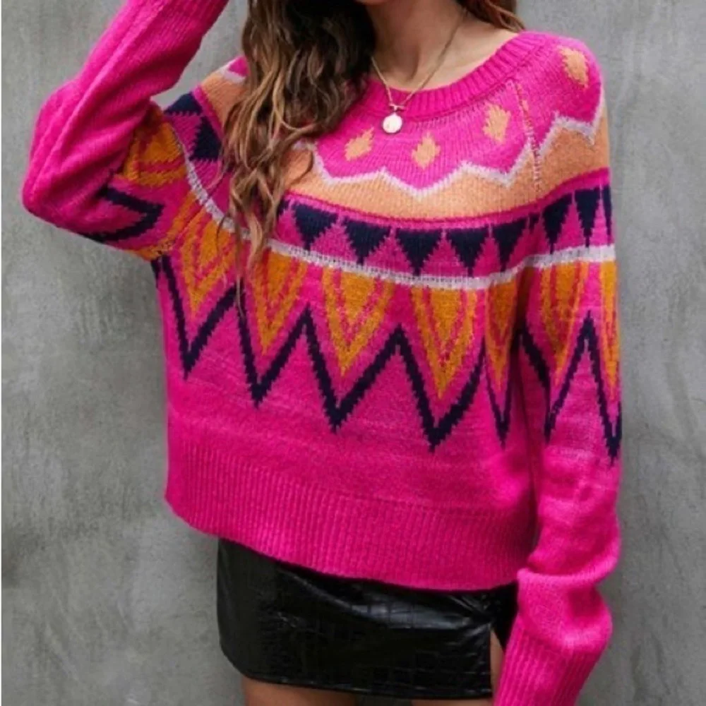 A New Day Barbiecore Fair Isle Crew Neck Fuzzy Pullover Sweater Knit Plus Sz 2XL